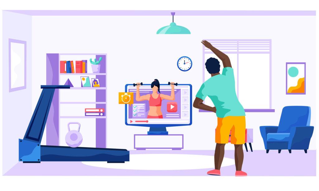 Ein Mann macht Übungen zu Hause vor dem Fernseher. Cartooon-Charakter macht Sport nach einem Online-Video. Symbol für gesunde, aktive Lebensweise, Gesundheitsvorsorge.