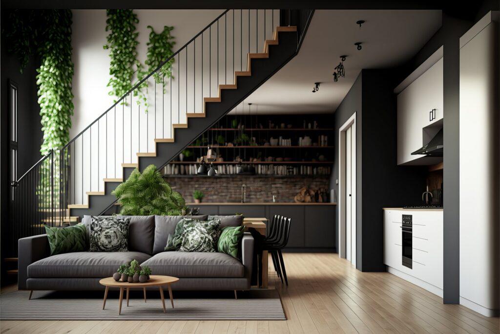 Ein minimalistisches Apartment gestalten: Ein Schritt-für-Schritt-Leitfaden für eine einzigartige und zeitlose häusliche Architektur, 3D Rendering, Möbeldesign und Interieur, Küche, Zimmer.